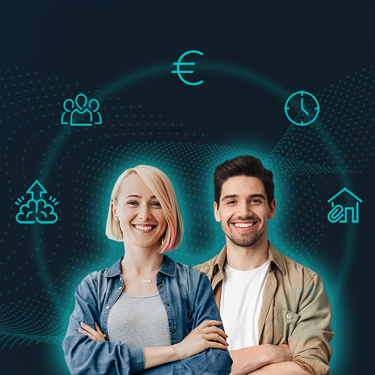 Zwei lächelnde Personen mit digitalen Symbolen im Hintergrund, die Finanz- und Konnektivitätskonzepte darstellen.