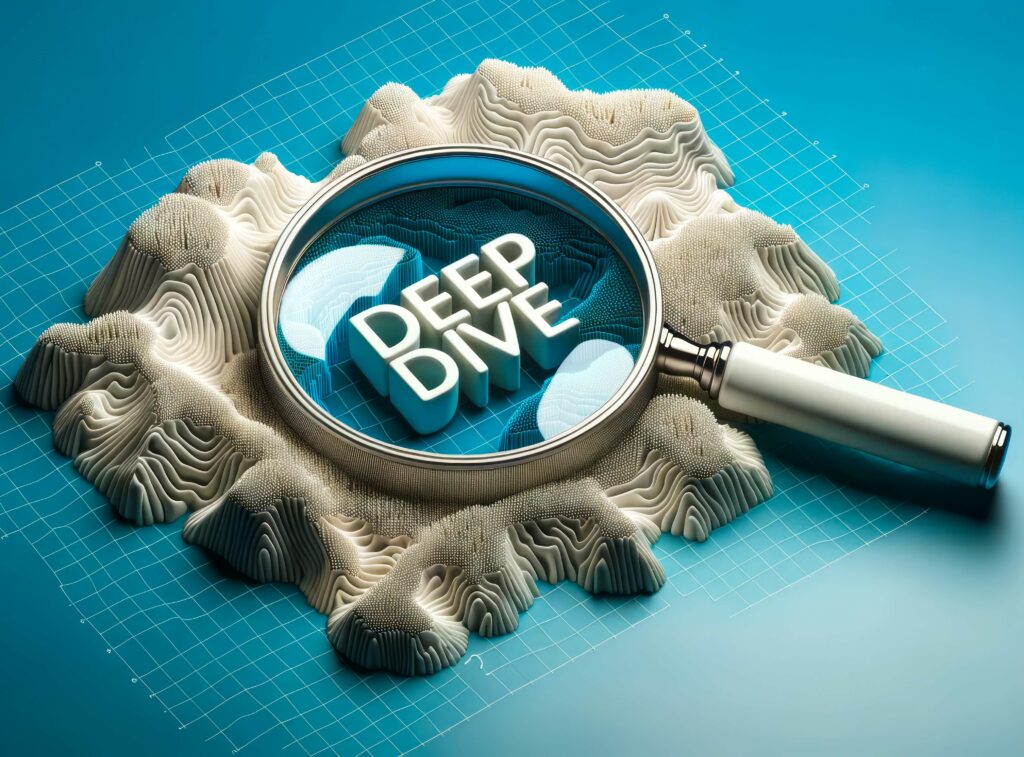 Eine Lupe schwebt über einer topografischen Karte und vergrößert die Worte „Deep Dive“ in 3D-Buchstaben.