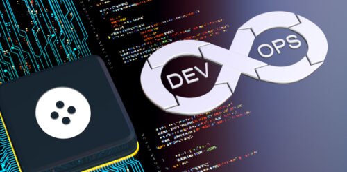 Bild, das ein DevOps-Konzept mit Schaltkreisen auf der linken Seite, einem Code-Schnipsel im Hintergrund und einem großen Endlosschleifensymbol mit der Beschriftung „DEV“ und „OPS“ auf der rechten Seite zeigt.