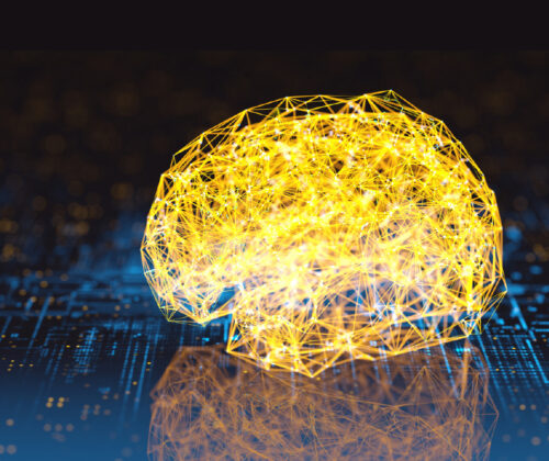 Digitale Illustration eines Gehirns, das aus miteinander verbundenen gelben Linien und Knoten besteht, vor einem dunklen Hintergrund mit blauen und orangefarbenen Lichtmustern.