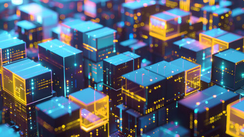 Eine digitale Illustration einer lebendigen, futuristischen Stadtlandschaft mit leuchtenden Würfeln und geometrischen Formen, die blaues und orangefarbenes Licht ausstrahlen und an eine Leiterplatte erinnern.