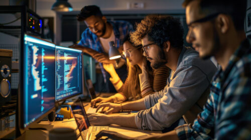 Vier Personen sitzen in einem schwach beleuchteten Raum an Computern und konzentrieren sich auf die Programmierung auf mehreren Bildschirmen, auf denen Code angezeigt wird.