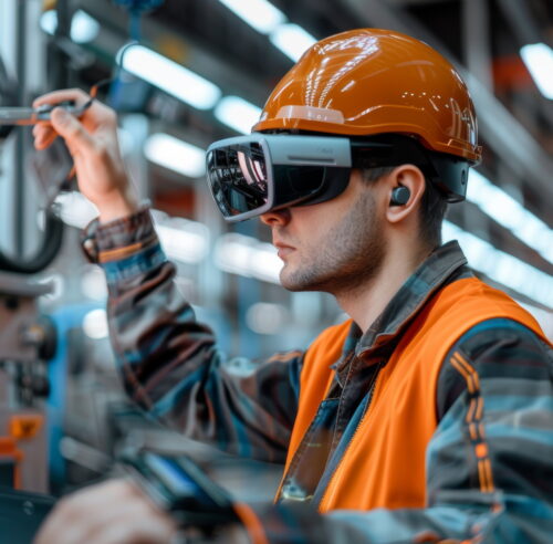 Ein Arbeiter mit Schutzhelm und AR-Brille bedient Maschinen in einer Fabrik.