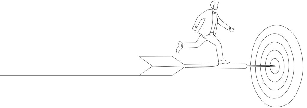 Strichzeichnung einer Person in Geschäftskleidung, die auf einem Pfeil auf ein Ziel zuläuft.