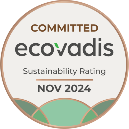 EcoVadis-Nachhaltigkeitsbewertungsabzeichen für November 2024 mit dem Wort „Committed“ oben.