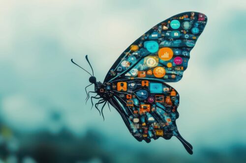 Ein Schmetterling mit Flügeln, die aus verschiedenen bunten App-Symbolen und digitalen Symbolen bestehen, vor einem unscharfen Hintergrund.