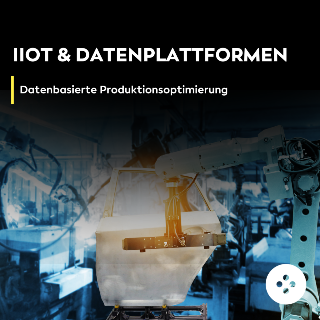 Roboterarm in einer Produktionsumgebung mit dem Text „IIOT & Datenplattformen“ und „Datenbasierte Produktionsoptimierung“ über dem Bild.