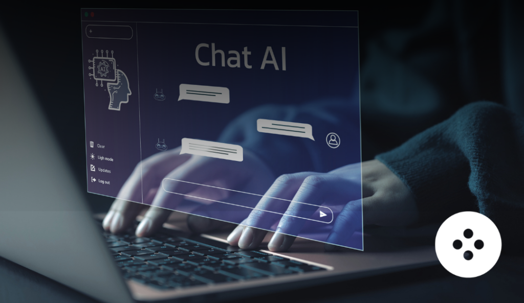Person tippt auf eine Tastatur, während ein transparentes Interface mit der Aufschrift „Chat AI“ vor ihnen angezeigt wird; Text betont unternehmensinterne KI-Lösungen.