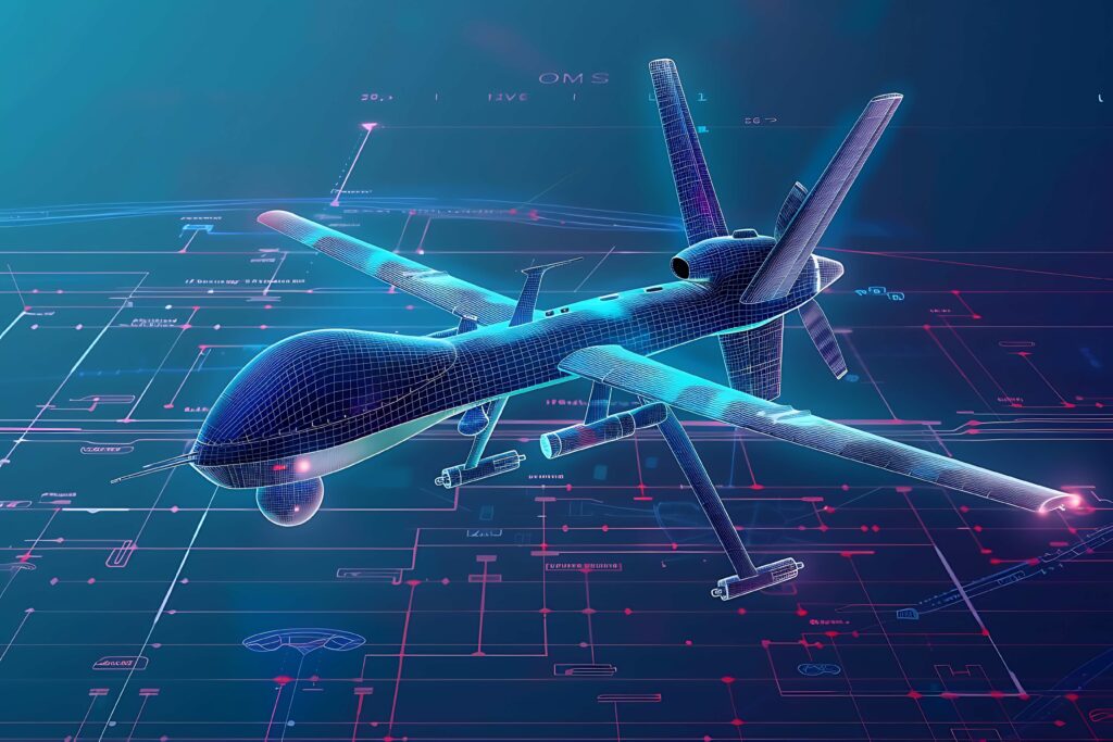 Eine digitale Darstellung einer Drohne wird über einem technischen Bauplan mit leuchtenden Linien und schematischen Elementen auf einem blau getönten Hintergrund angezeigt.