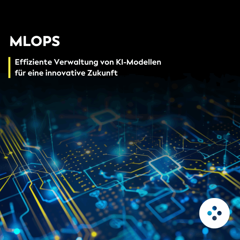 Eine digitale Platine mit leuchtenden Linien und Knoten, überlagert mit deutschem Text über effizientes Management von KI-Modellen für eine innovative Zukunft.