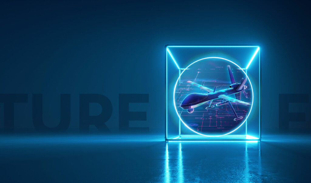 Eine futuristische Drohne in einem leuchtenden Neonwürfel mit digitalen Schemata und dunkelblauem Hintergrund.