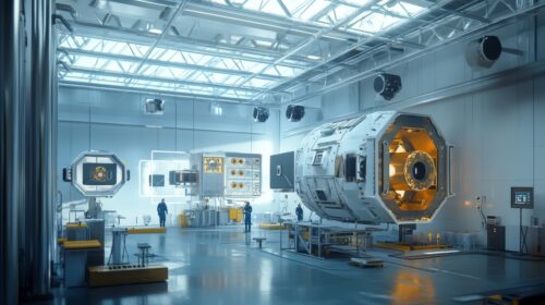 Ein Hightech-Labor mit großen, im Bau befindlichen Raumschiffmodulen, moderner Ausrüstung, heller Deckenbeleuchtung und einigen Menschen, die im Hintergrund arbeiten.