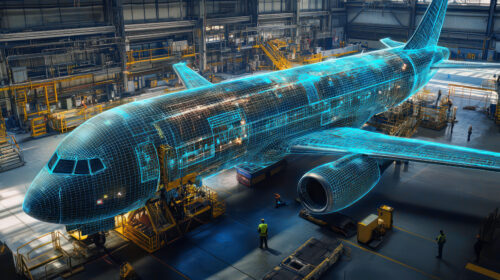 Ein Verkehrsflugzeug in einem Hangar mit einem blauen digitalen Drahtgitter, umgeben von Arbeitern und Wartungsgeräten.