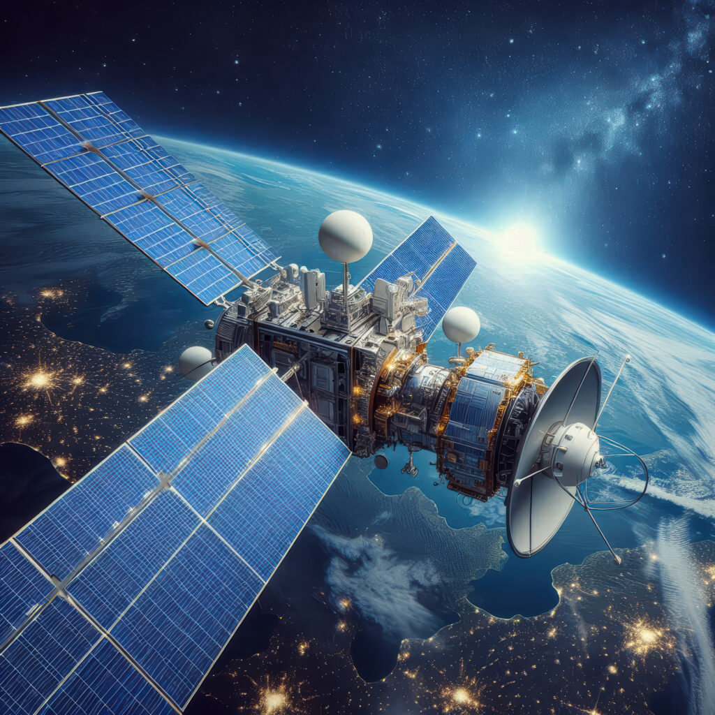 Ein Satellit mit großen Sonnenkollektoren kreist über der Erde, wobei die Lichter der Stadt auf der Oberfläche sichtbar sind und die Sonne im Weltraum über dem Horizont aufgeht.