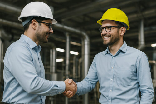 Zwei Männer mit Schutzhelmen und Brillen, die hellblaue Hemden tragen, schütteln sich die Hände und lächeln in einer Industrieumgebung.
