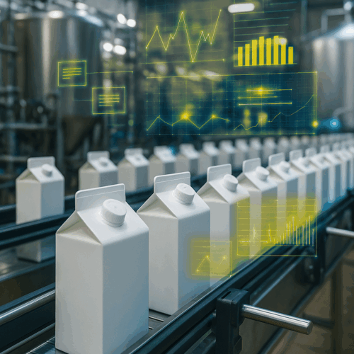 Weiße Kartons bewegen sich über ein Förderband in einer Fabrik, darüber sind gelbe digitale Grafiken und Datenvisualisierungen eingeblendet, die auf die Produktionsanalyse hinweisen.