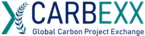 CARBEXX-Logo mit stilisiertem Blattdesign, dem Firmennamen und dem Slogan "Global Carbon Project Exchange" auf hellem Hintergrund.