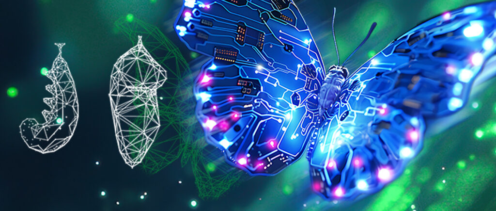 Digitale Illustration einer Raupe, die sich in eine Puppe und dann in einen Schmetterling mit Leiterplattenmustern und leuchtenden Lichtern auf den Flügeln verwandelt, was die technologische Evolution darstellt.
