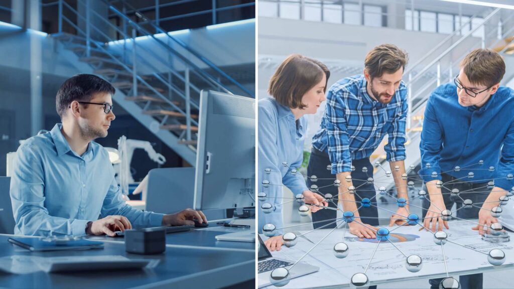 Links: Ein Mann arbeitet an einem Computer in einem modernen Büro. Rechts: Drei Personen, die an einem Tisch mit überlagerten Diagrammen und Netzwerkgrafiken zusammenarbeiten.