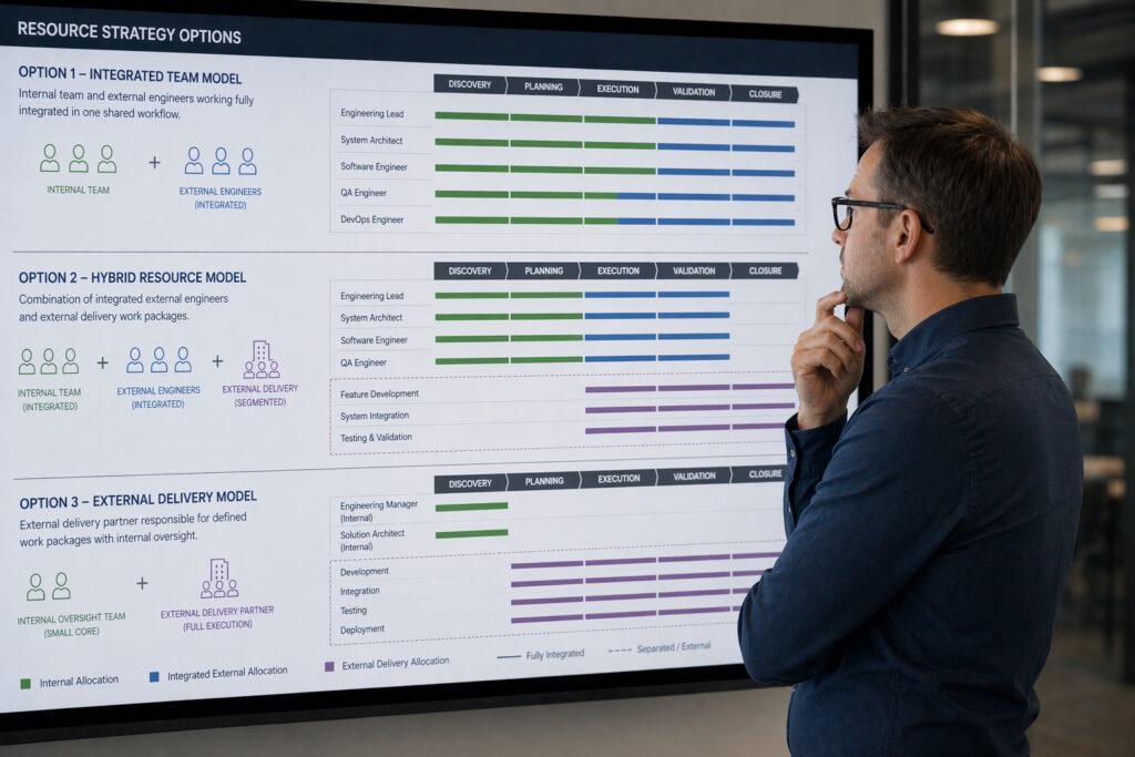 Ein Mann steht vor einem Bildschirm, der ein Diagramm zeigt, in dem drei Optionen für Ressourcenstrategien verglichen werden, mit farbcodierten Balken für verschiedene Projektphasen und Rollen.