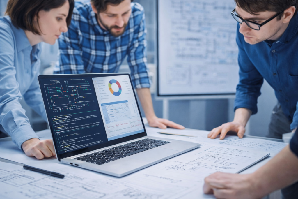 Drei Personen prüfen technische Diagramme auf einem Tisch neben einem aufgeklappten Laptop, auf dem Codes und Diagramme angezeigt werden, in einem Büro mit Whiteboards, die im Hintergrund mit Diagrammen bedeckt sind.